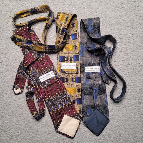 VTG Emilio Romano Silk Handmade Ties Geometric Bold Pattern Art Deco 90s Italy - Picture 3 of 3